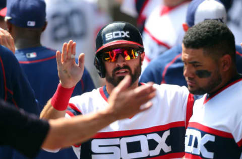 Aug 7, 2016; Chicago, IL, USA; Chicago White Sox right fielder Adam Eaton (1) is congratulated for scoring a run during the fourth inning against the Baltimore Orioles at U.S. Cellular Field. Mandatory Credit: Dennis Wierzbicki-USA TODAY Sports