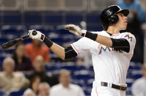 Sep 6, 2016; Miami, FL, USA; Miami Marlins left fielder Christian Yelich (21) bats during a game against the Philadelphia Phillies at Marlins Park. Mandatory Credit: Steve Mitchell-USA TODAY Sports