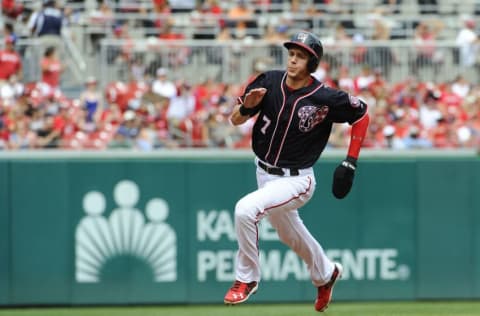 Sep 11, 2016; Washington, DC, USA; Washington Nationals second baseman Trea Turner (7) runs the bases while scoring during the first inning against the Philadelphia Phillies at Nationals Park. Mandatory Credit: 