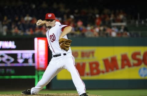 Jul 20, 2016; Washington, DC, USA; Washington Nationals relief pitcher Koda Glover (32) throws to the Los Angeles Dodgers during the ninth inning at Nationals Park. Mandatory Credit: Brad Mills-USA TODAY Sports