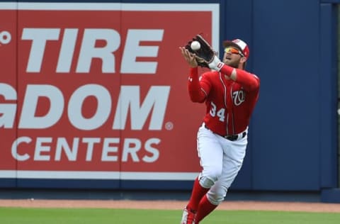 Mar 3, 2017; West Palm Beach, FL, USA; Washington Nationals right fielder Bryce Harper (34) makes a catch for an out against the St. Louis Cardinals at The Ballpark of the Palm Beaches. Mandatory Credit: Jasen Vinlove-USA TODAY Sports