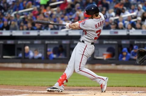 Apr 21, 2017; New York City, NY, USA; Washington Nationals right fielder Bryce Harper (34) hits a two run home run against the New York Mets during the first inning at Citi Field. Mandatory Credit: Brad Penner-USA TODAY Sports