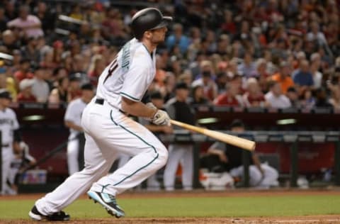 Apr 28, 2017; Phoenix, AZ, USA; Arizona Diamondbacks infielder Paul Goldschmidt (44) hits an RBI single in the third inning against the Colorado Rockies at Chase Field. Mandatory Credit: Jennifer Stewart-USA TODAY Sports