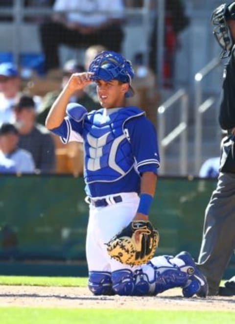 Mar 4, 2015; Phoenix, AZ, USA; Los Angeles Dodgers catcher Austin Barnes against the Chicago White Sox during a spring training baseball game at Camelback Ranch. Mandatory Credit: Mark J. Rebilas-USA TODAY Sports