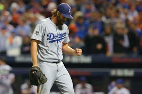 Oct 13, 2015; New York City, NY, USA; Los Angeles Dodgers starting pitcher Clayton Kershaw (22) reacts after the seventh inning against the New York Mets in game four of the NLDS at Citi Field. Mandatory Credit: Brad Penner-USA TODAY Sports