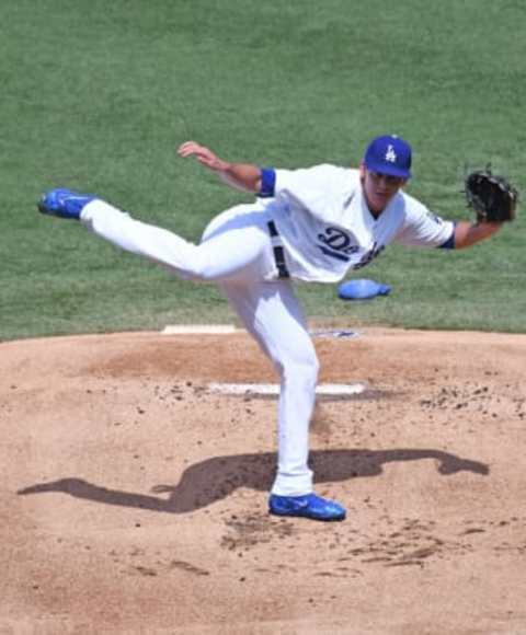 Sep 4, 2016; Los Angeles, CA, USA; Los Angeles Dodgers starting pitcher Jose De Leon (87) pitches in the first inning of his major league debut against the San Diego Padres at Dodger Stadium. Mandatory Credit: Jayne Kamin-Oncea-USA TODAY Sports