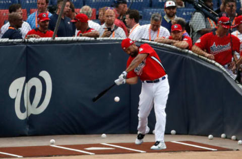 WASHINGTON, DC – JULY 16: Matt Kemp #27 of the Los Angeles Dodgers and the National League bats during Gatorade All-Star Workout Day at Nationals Park on July 16, 2018, in Washington, DC. (Photo by Patrick McDermott/Getty Images)