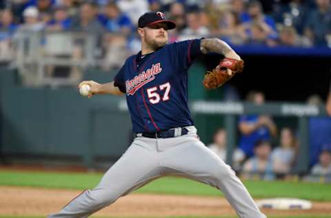 KANSAS CITY, MO – JULY 21: Ryan Pressly #57 of the Minnesota Twins throws in the seventh inning against the Kansas City Royals at Kauffman Stadium on July 21, 2018, in Kansas City, Missouri. (Photo by Ed Zurga/Getty Images)