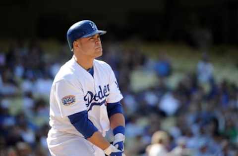 LOS ANGELES, CA – MAY 22: Russell Martin #55 of the Los Angeles Dodgers at bat against the Detroit Tigers at Dodger Stadium on May 22, 2010, in Los Angeles, California. (Photo by Harry How/Getty Images)