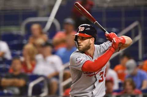 MIAMI, FL – JULY 26: Bryce Harper #34 of the Washington Nationals at bat in the seventh inning against the Miami Marlins at Marlins Park on July 26, 2018 in Miami, Florida. (Photo by Mark Brown/Getty Images)