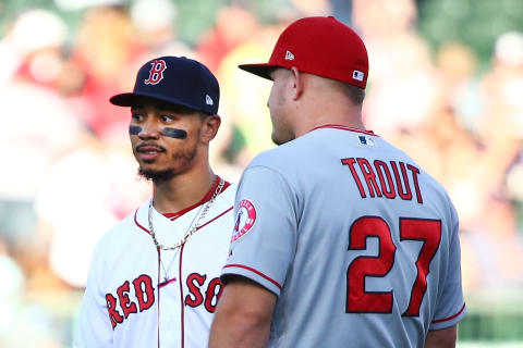 Mookie Betts and Mike Trout standing together (Photo by Adam Glanzman/Getty Images)