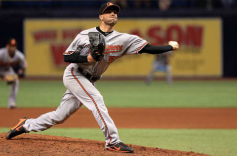 ST PETERSBURG, FL – AUGUST 09: Donnie Hart #57 of the Baltimore Orioles pitches during a game against the Tampa Bay Rays at Tropicana Field on August 9, 2018, in St Petersburg, Florida. (Photo by Mike Ehrmann/Getty Images)