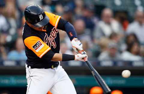 DETROIT, MI – AUGUST 24: Jose Iglesias #1 of the Detroit Tigers singles against the Chicago White Sox during the first inning at Comerica Park on August 24, 2018, in Detroit, Michigan. The teams are wearing their Players Weekend jerseys and hats. The White Sox defeated the Tigers 6-3. (Photo by Duane Burleson/Getty Images)