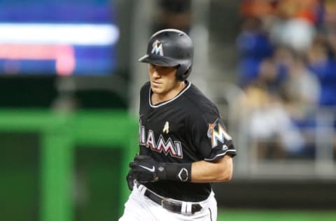 MIAMI, FL – SEPTEMBER 01: J.T. Realmuto #11 of the Miami Marlins rounds the bases after hitting a solo home run in the third inning against the Toronto Blue Jays at Marlins Park on September 1, 2018, in Miami, Florida. (Photo by Michael Reaves/Getty Images)