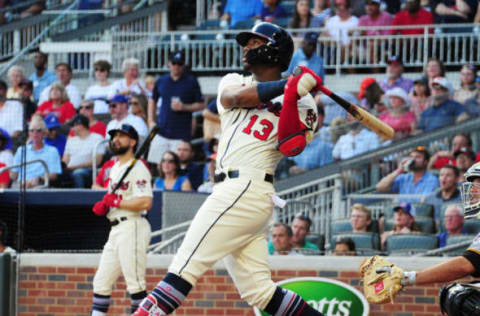 ATLANTA, GA – SEPTEMBER 2: Ronald Acuna, Jr. #13 of the Atlanta Braves hits a first inning solo home run against the Pittsburgh Pirates at SunTrust Park on September 2, 2018 in Atlanta, Georgia. (Photo by Scott Cunningham/Getty Images)