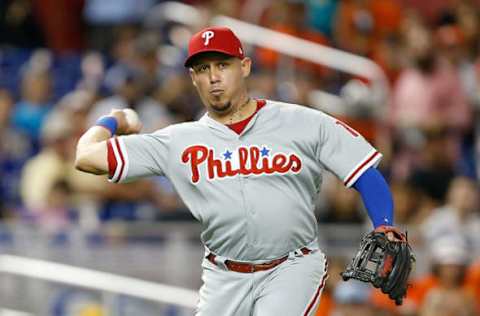 MIAMI, FL – SEPTEMBER 03: Asdrubal Cabrera #13 of the Philadelphia Phillies throws out a runner at first base against the Miami Marlins at Marlins Park on September 3, 2018 in Miami, Florida. (Photo by Michael Reaves/Getty Images)