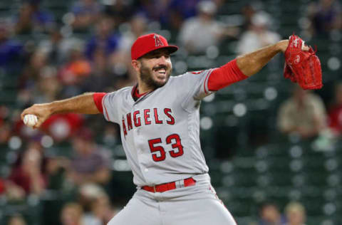 ARLINGTON, TX – SEPTEMBER 03: Blake Parker #53 of the Los Angeles Angels pitches for the save in the 3-1 win over the Texas Rangers at Globe Life Park in Arlington on September 3, 2018 in Arlington, Texas. (Photo by Richard Rodriguez/Getty Images)