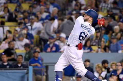 LOS ANGELES, CA – SEPTEMBER 03: Alex Verdugo #61 of the Los Angeles Dodgers hits a double during the seventh inning against the New York Mets at Dodger Stadium on September 3, 2018, in Los Angeles, California. (Photo by Harry How/Getty Images)