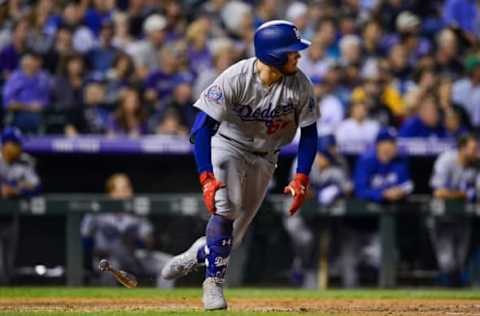 DENVER, CO – SEPTEMBER 7: Alex Verdugo #61 of the Los Angeles Dodgers runs out a ground ball RBI where he reached on a throwing error against the Colorado Rockies in the fifth inning of a game at Coors Field on September 7, 2018 in Denver, Colorado. (Photo by Dustin Bradford/Getty Images)