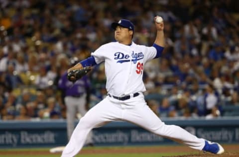 LOS ANGELES, CA – SEPTEMBER 17: Pitcher Hyun-Jin Ryu #99 of the Los Angeles Dodgers pitches during the fifth inning of the MLB game against the Colorado Rockies at Dodger Stadium on September 17, 2018, in Los Angeles, California. The Dodgers defeated the Rockies 8-2. (Photo by Victor Decolongon/Getty Images)