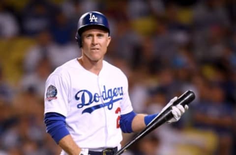 LOS ANGELES, CA – SEPTEMBER 18: Chase Utley #26 of the Los Angeles Dodgers reacts to his strikeout during the ninth inning at Dodger Stadium on September 18, 2018, in Los Angeles, California. (Photo by Harry How/Getty Images)