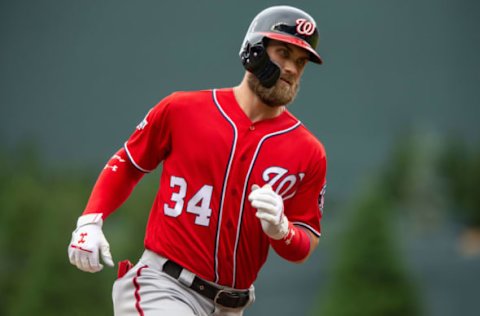 ATLANTA, GA – SEPTEMBER 16: Bryce Harper #34 of the Washington Nationals rounds third after hitting a two-run home run in the first inning against the Atlanta Braves at SunTrust Park on September 16, 2018, in Atlanta, Georgia. (Photo by Kelly Kline/GettyImages)