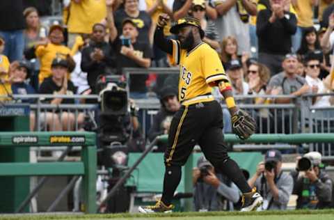 PITTSBURGH, PA – SEPTEMBER 23: Josh Harrison #5 of the Pittsburgh Pirates acknowledges the crowd as he is removed from the game against the Milwaukee Brewers in the eighth inning at PNC Park on September 23, 2018, in Pittsburgh, Pennsylvania. (Photo by Justin Berl/Getty Images)