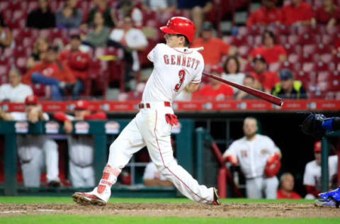 CINCINNATI, OH – SEPTEMBER 25: Scooter Gennett #3 of the Cincinnati Reds hits a tripple in the 7th inning against the Kansas City Royals at Great American Ball Park on September 25, 2018 in Cincinnati, Ohio. (Photo by Andy Lyons/Getty Images)