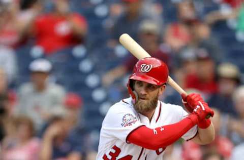 WASHINGTON, DC – SEPTEMBER 26: Bryce Harper #34 of the Washington Nationals bats against the Miami Marlins in the fifth inning at Nationals Park on September 26, 2018, in Washington, DC. (Photo by Rob Carr/Getty Images)