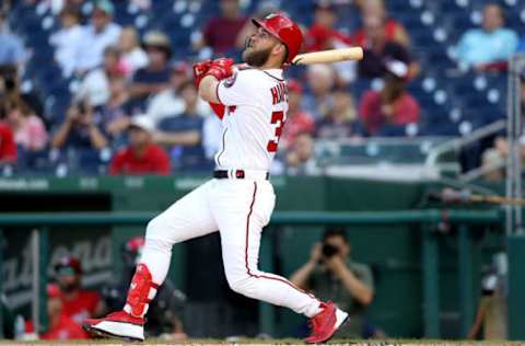 WASHINGTON, DC – SEPTEMBER 26: Bryce Harper #34 of the Washington Nationals bats against the Miami Marlins in the first inning at Nationals Park on September 26, 2018, in Washington, DC. (Photo by Rob Carr/Getty Images)