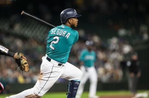 SEATTLE, WA – SEPTEMBER 28: Jean Segura #2 of the Seattle Mariners watches the ball fly to right field, which would be dropped on an error by Nomar Mazara #30 of the Texas Rangers to score three in the second inning at Safeco Field on September 28, 2018 in Seattle, Washington. (Photo by Lindsey Wasson/Getty Images)