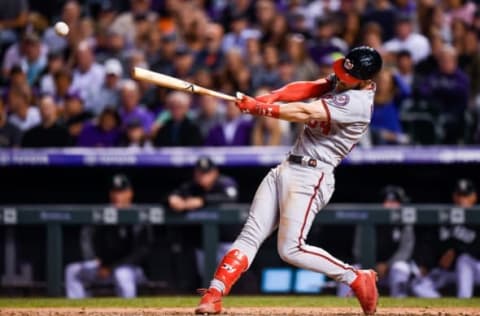 DENVER, CO – SEPTEMBER 29: Bryce Harper #34 of the Washington Nationals hits a seventh inning single against the Colorado Rockies at Coors Field on September 29, 2018 in Denver, Colorado. (Photo by Dustin Bradford/Getty Images)