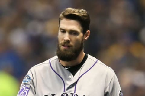 MILWAUKEE, WI – OCTOBER 04: David Dahl #26 of the Colorado Rockies reacts after striking out in the seventh inning of Game One of the National League Division Series against the Milwaukee Brewers at Miller Park on October 4, 2018 in Milwaukee, Wisconsin. (Photo by Dylan Buell/Getty Images)