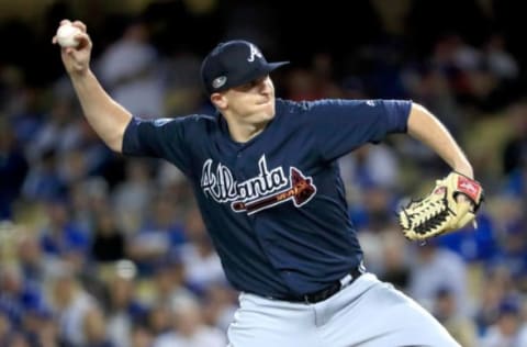 LOS ANGELES, CA – OCTOBER 04: Brad Brach #46 of the Atlanta Braves delivers the pitch against the Los Angeles Dodgers during the seventh inning during Game One of the National League Division Series at Dodger Stadium on October 4, 2018 in Los Angeles, California. (Photo by Sean M. Haffey/Getty Images)