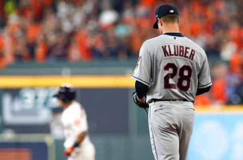 HOUSTON, TX – OCTOBER 05: Corey Kluber #28 of the Cleveland Indians reacts after allowing a solo home run to Alex Bregman #2 of the Houston Astros in the fourth inning during Game One of the American League Division Series at Minute Maid Park on October 5, 2018, in Houston, Texas. (Photo by Tim Warner/Getty Images)