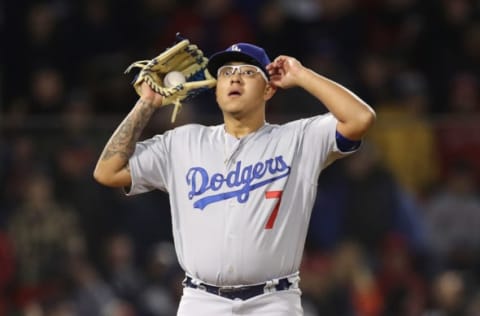 BOSTON, MA – October 23: Julio Urias #7 of the Los Angeles Dodgers reacts during the sixth inning against the Boston Red Sox in Game One of the 2018 World Series at Fenway Park on October 23, 2018, in Boston, Massachusetts. (Photo by Maddie Meyer/Getty Images)