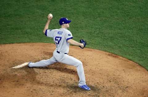 BOSTON, MA – OCTOBER 23: Alex Wood #57 of the Los Angeles Dodgers delivers the pitch during the seventh inning against the Boston Red Sox in Game One of the 2018 World Series at Fenway Park on October 23, 2018 in Boston, Massachusetts. (Photo by Al Bello/Getty Images)