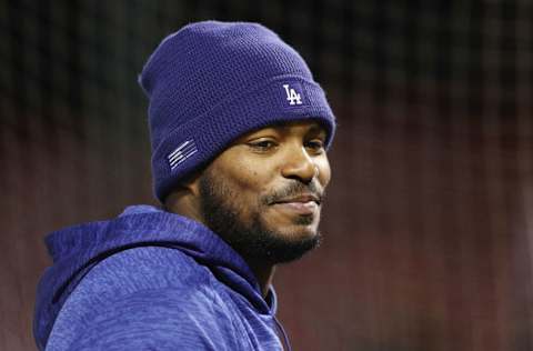 BOSTON, MA - OCTOBER 24: Yasiel Puig #66 of the Los Angeles Dodgers looks on during batting practice prior to Game Two of the 2018 World Series against the Boston Red Sox at Fenway Park on October 24, 2018 in Boston, Massachusetts. (Photo by Maddie Meyer/Getty Images)