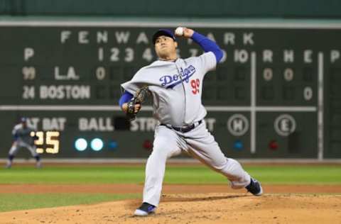 BOSTON, MA – OCTOBER 24: Hyun-Jin Ryu #99 of the Los Angeles Dodgers delivers the pitch during the first inning against the Boston Red Soxin Game Two of the 2018 World Series at Fenway Park on October 24, 2018 in Boston, Massachusetts. (Photo by Maddie Meyer/Getty Images)