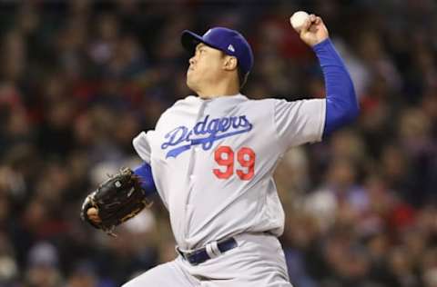 BOSTON, MA – OCTOBER 24: Hyun-Jin Ryu #99 of the Los Angeles Dodgers delivers the pitch during the second inning against the Boston Red Soxin Game Two of the 2018 World Series at Fenway Park on October 24, 2018 in Boston, Massachusetts. (Photo by Maddie Meyer/Getty Images)