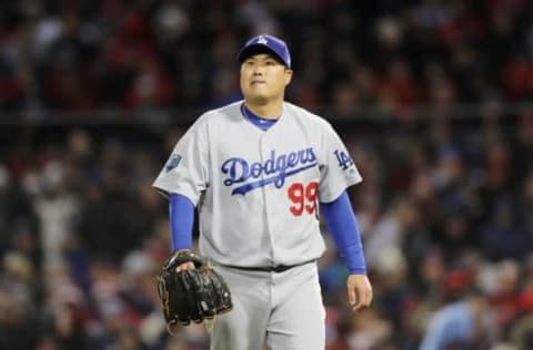 BOSTON, MA – OCTOBER 24: Hyun-Jin Ryu #99 of the Los Angeles Dodgers reacts after retiring the side during the fourth inning against the Boston Red Sox in Game Two of the 2018 World Series at Fenway Park on October 24, 2018 in Boston, Massachusetts. (Photo by Elsa/Getty Images)