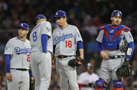 BOSTON, MA – OCTOBER 24: Kenta Maeda #18 of the Los Angeles Dodgers is removed from the game during the seventh inning against the Boston Red Sox in Game Two of the 2018 World Series at Fenway Park on October 24, 2018 in Boston, Massachusetts. (Photo by Elsa/Getty Images)