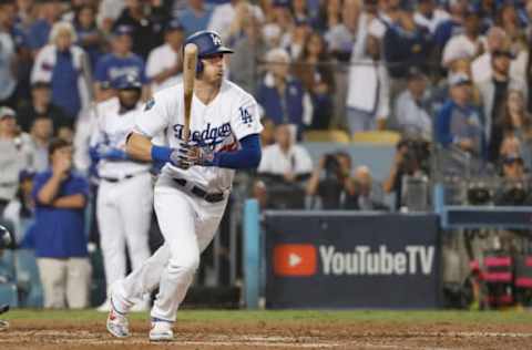 LOS ANGELES, CA – OCTOBER 27: Cody Bellinger #35 of the Los Angeles Dodgers hits a ground ball fielder’s choice to first base in the sixth inning of Game Four of the 2018 World Series against the Boston Red Sox at Dodger Stadium on October 27, 2018 in Los Angeles, California. (Photo by Sean M. Haffey/Getty Images)