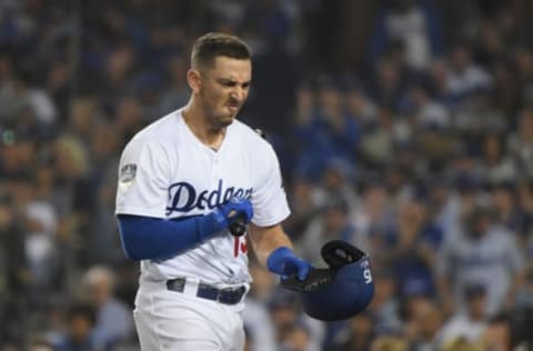 LOS ANGELES, CA – OCTOBER 27: Austin Barnes #15 of the Los Angeles Dodgers reacts after striking out swinging in the sixth inning of Game Four of the 2018 World Series against the Boston Red Sox at Dodger Stadium on October 27, 2018 in Los Angeles, California. (Photo by Harry How/Getty Images)