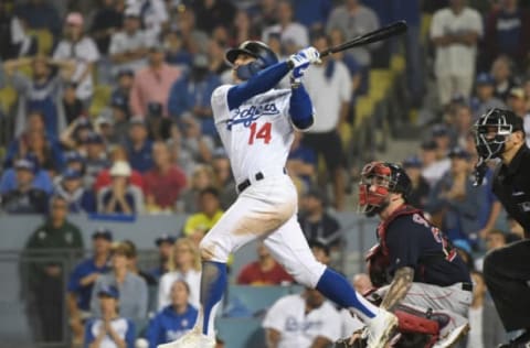 LOS ANGELES, CA – OCTOBER 27: Enrique Hernandez #14 of the Los Angeles Dodgers hits a solo home run against Craig Kimbrel #46 of the Boston Red Sox (not in photo) in the ninth inning of Game Four of the 2018 World Series at Dodger Stadium on October 27, 2018 in Los Angeles, California. (Photo by Harry How/Getty Images)