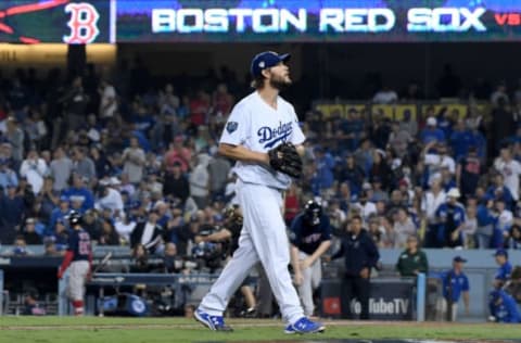 LOS ANGELES, CA – OCTOBER 28: Clayton Kershaw #22 of the Los Angeles Dodgers walks off the field after pitching during the seventh inning against the Boston Red Sox in Game Five of the 2018 World Series at Dodger Stadium on October 28, 2018 in Los Angeles, California. (Photo by Harry How/Getty Images)