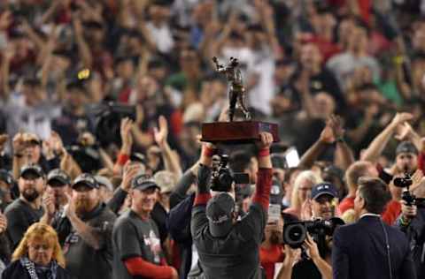 LOS ANGELES, CA – OCTOBER 28: Steve Pearce #25 of the Boston Red Sox is awarded the MVP after defeating the Los Angeles Dodgers 5-1 in Game Five of the 2018 World Series at Dodger Stadium on October 28, 2018 in Los Angeles, California. (Photo by Kevork Djansezian/Getty Images)