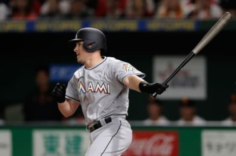 TOKYO, JAPAN – NOVEMBER 08: Catcher J.T. Realmuto #11 of the Miami Marlins grounds out in the top of 2nd inning during the exhibition game between Yomiuri Giants and the MLB All-Stars at Tokyo Dome on November 8, 2018, in Tokyo, Japan. (Photo by Kiyoshi Ota/Getty Images)