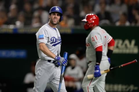 TOKYO, JAPAN – NOVEMBER 08: Infielder Chris Taylor #3 of the Los Angeles Dodgers reacts after strike out in teh top of 8th inning during the exhibition game between Yomiuri Giants and the MLB All Stars at Tokyo Dome on November 8, 2018 in Tokyo, Japan. (Photo by Kiyoshi Ota/Getty Images)