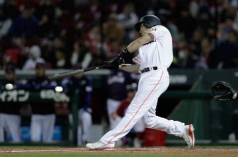 HIROSHIMA, JAPAN – NOVEMBER 13: Catcher J.T. Realmuto #11 of the Miami Marlins grounds out in the bottom of 6th inning during the game four between Japan and MLB All Stars at Mazda Zoom Zoom Stadium Hiroshima on November 13, 2018 in Hiroshima, Japan. (Photo by Kiyoshi Ota/Getty Images)